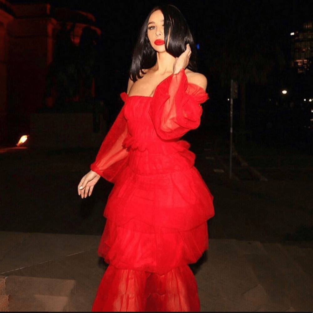 Red Ruffle Tulle Maxi Dress